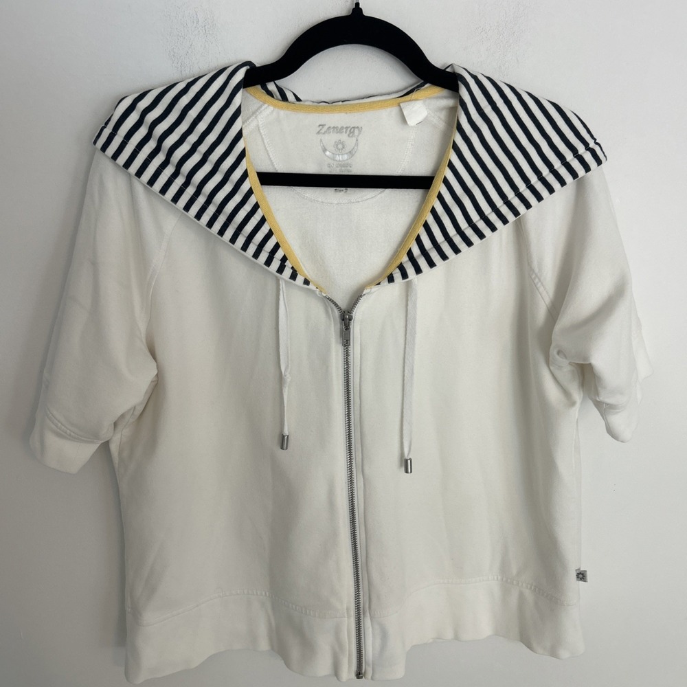 Zenergy‎ Chico's Women's Sz 2/L White Zip Up Short Sleeve Navy Striped Jacket